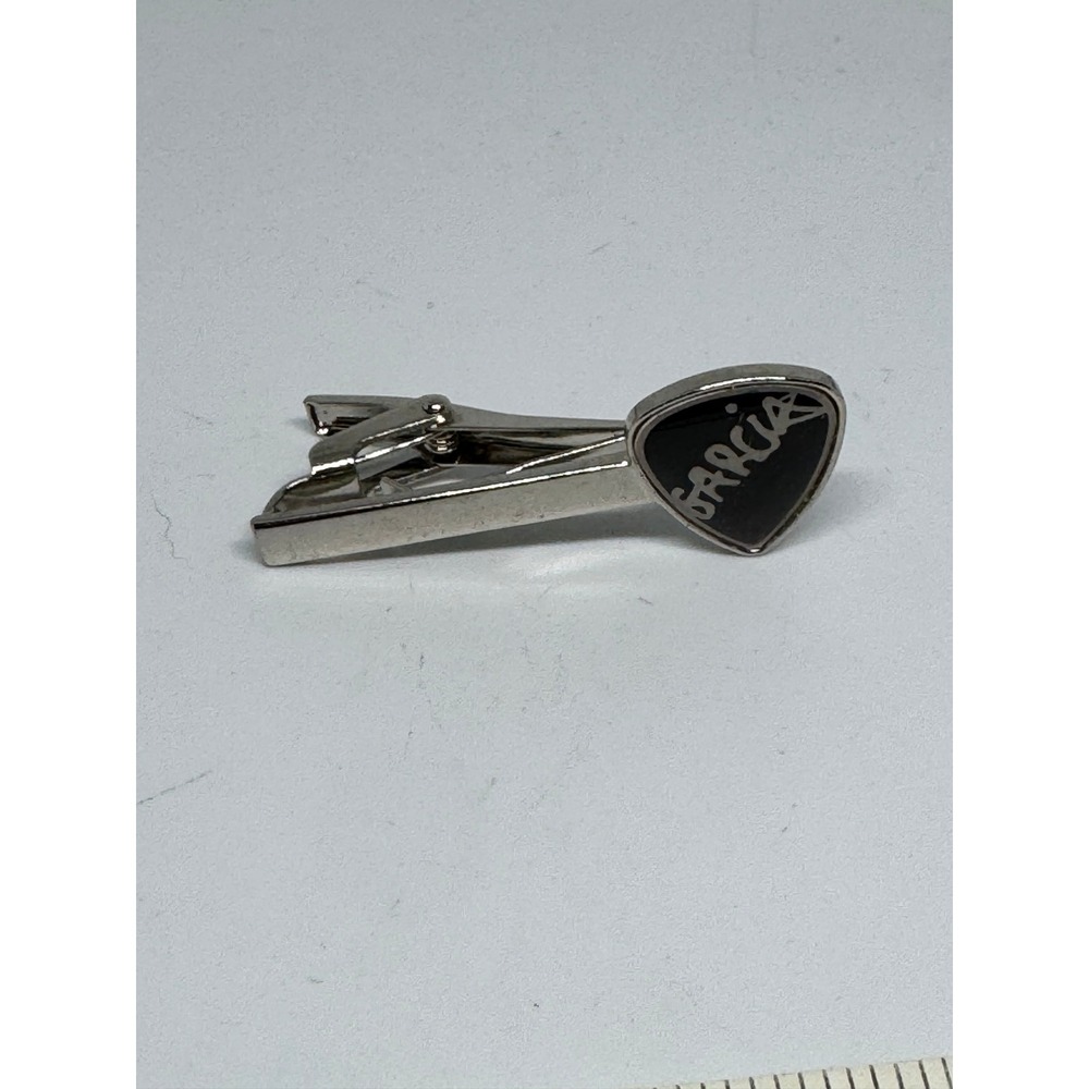 Jerry Garcia Signature Guitar Pick Tie Clip Silver Tone Black Grateful Dead Fan